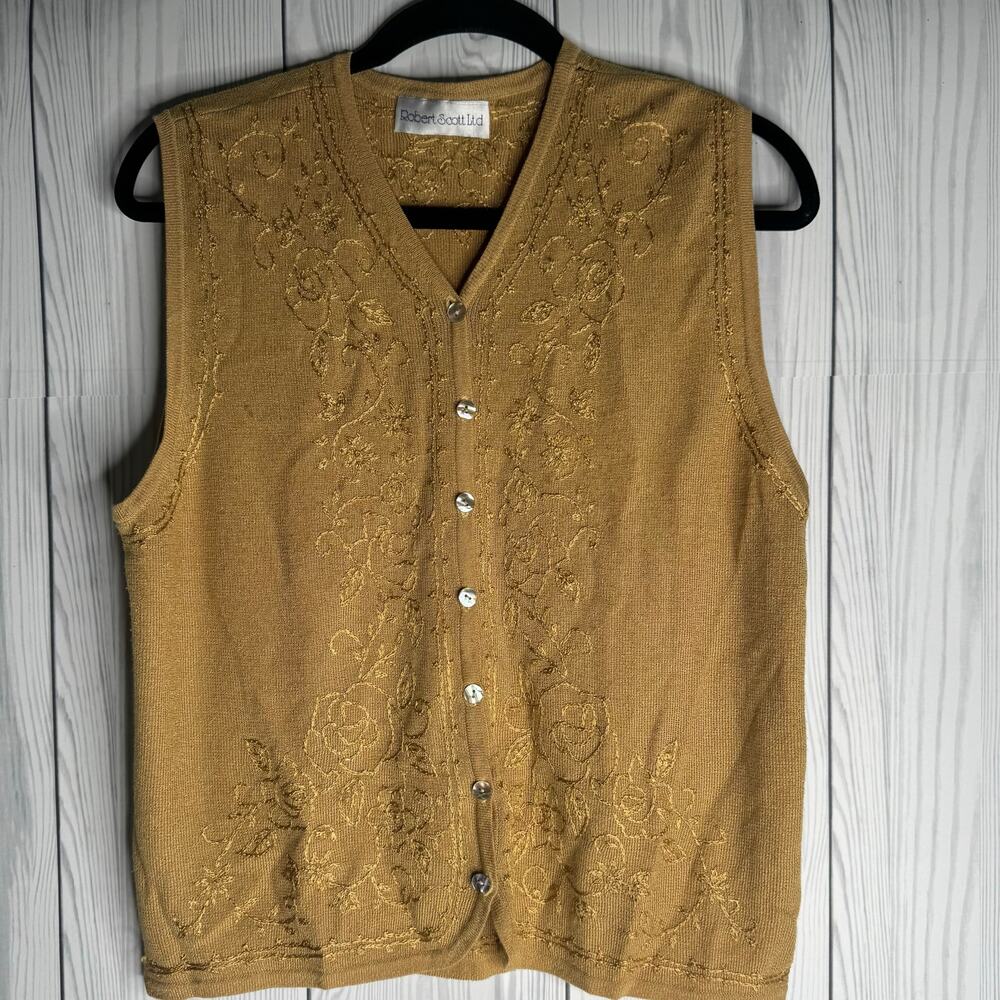 VTG Robert Scott Women's Crochet Gold Embroidered Cardigan Vest Cottage